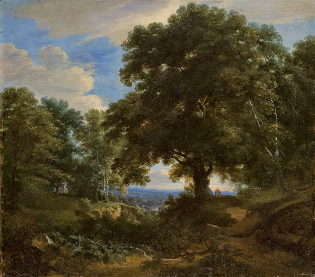 Paysan priant au pied d’un grand arbre, un paysage boisé à l’arrière-plan